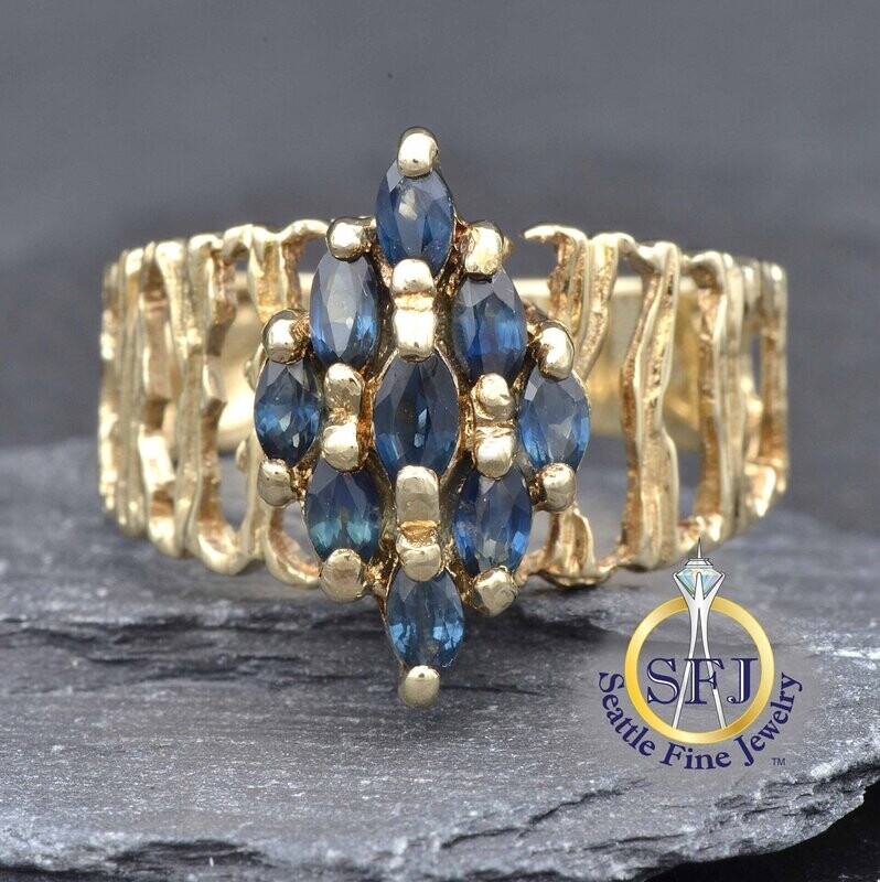 Marquise Sapphire Harlequin Cluster Ring, Solid 10K Yellow Gold