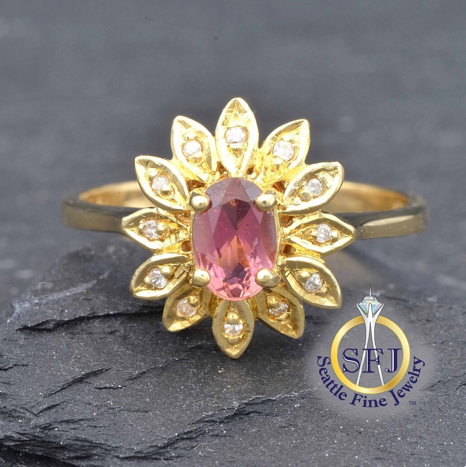 Tourmaline and Diamond Halo Flower Ring, Solid 18K Yellow Gold