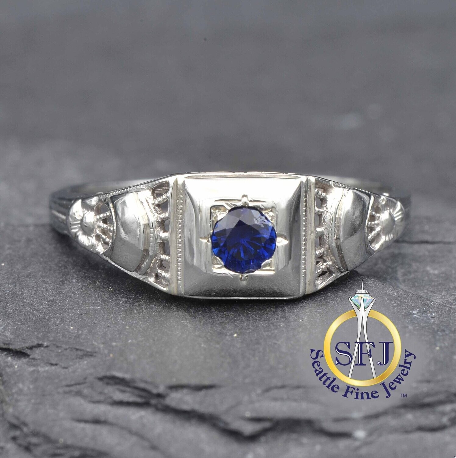 Antique Edwardian Early Art Deco Sapphire Solitaire Ring 18K Solid White  Gold.