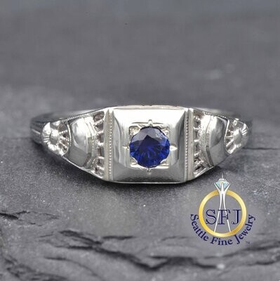 Antique Edwardian Early Art Deco Sapphire Solitaire Ring 18K Solid White Gold