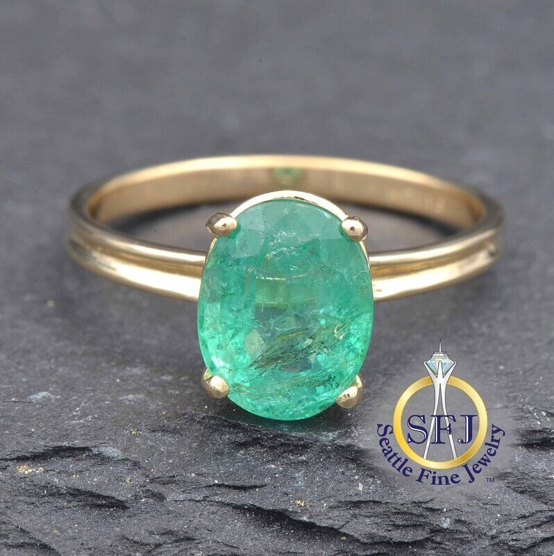Emerald Solitaire Ring 14K Solid Yellow Gold