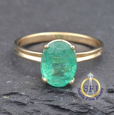 Emerald Solitaire Ring 14K Solid Yellow Gold