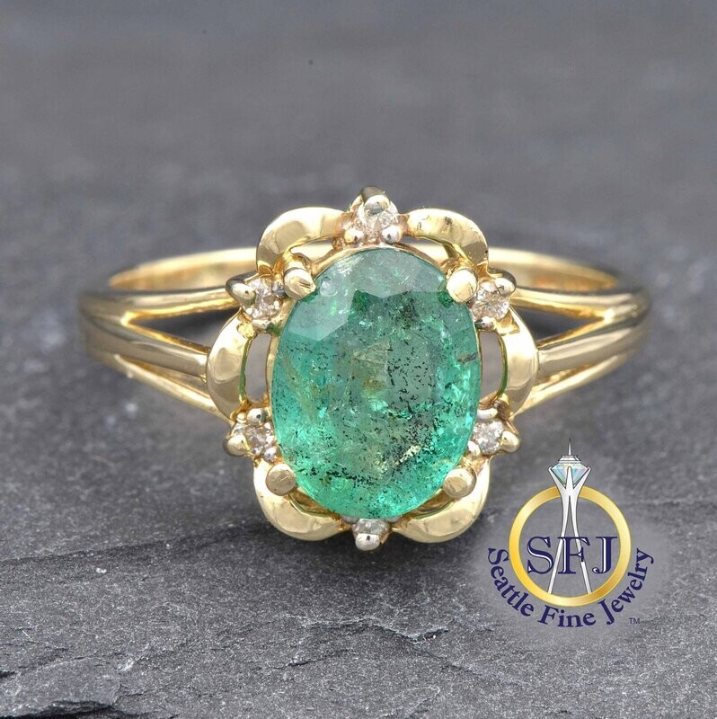 Emerald and Diamond Ribbon Halo Ring, 14K Solid Yellow Gold