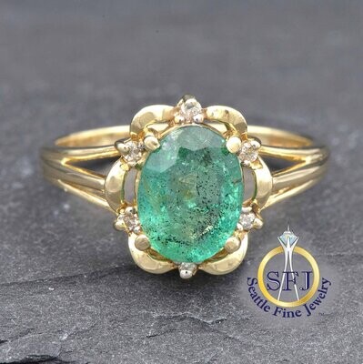 Emerald and Diamond Halo Ring 14K Solid Yellow Gold