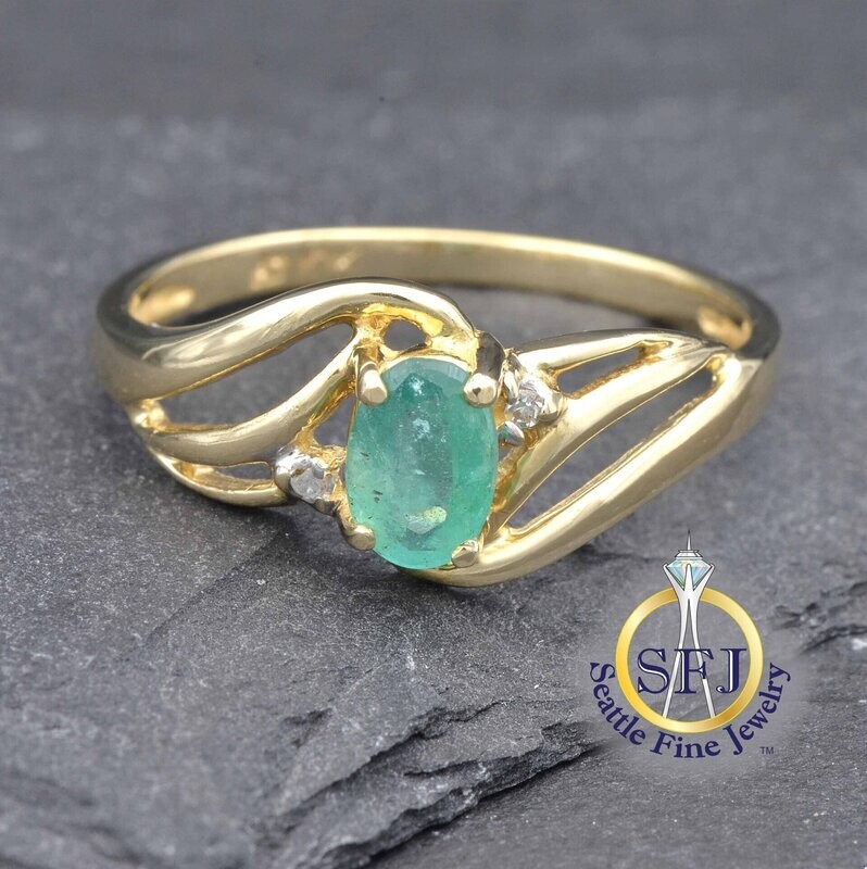 Emerald and Diamond Open Bypass Ring, 10K Solid Yellow Gold