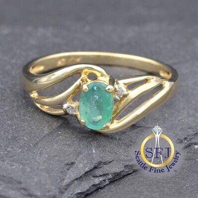 Emerald and Diamond Ring 10K Solid Yellow Gold