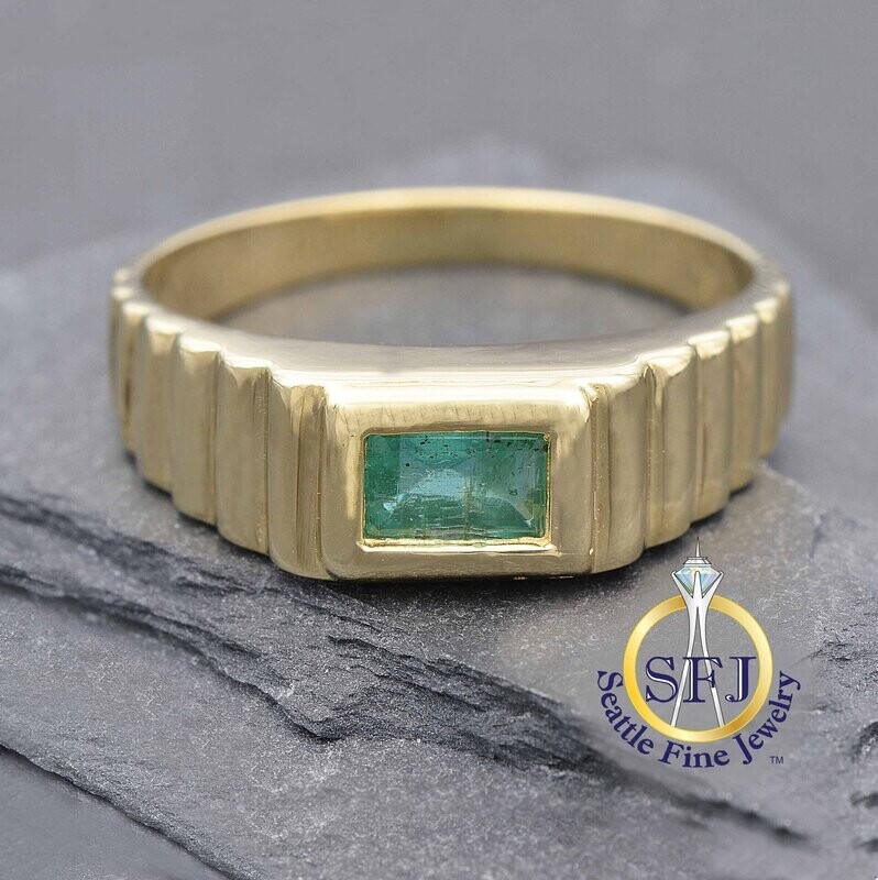 Emerald Solitaire Ridged-Side Ring, 14K Solid Yellow Gold