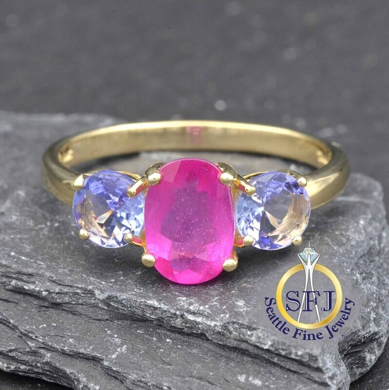 Ruby and Tanzanite  3-Stone Ring, 14K Solid Yellow Gold