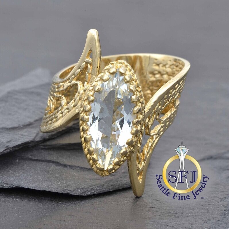 Midcentury Aquamarine Solitaire Ornate Bypass Ring, Solid 14K Yellow Gold
