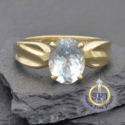 Oval Aquamarine Solitaire Ring, Solid 14K Yellow Gold