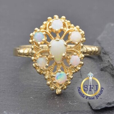 Opal Cluster Pear Shaped Ring, Solid 14K Yellow Gold
