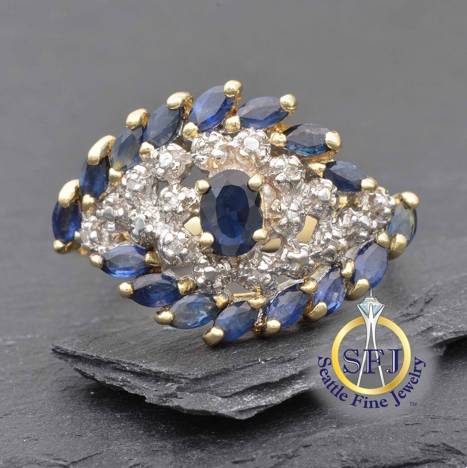 Sapphire and Diamond "Eye of Horus" Cluster Ring, Solid 14K Yellow Gold