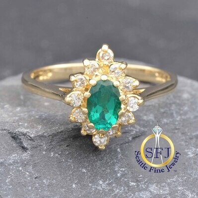 Marquise Emerald and Diamond Halo Ring, Solid 14K Yellow Gold