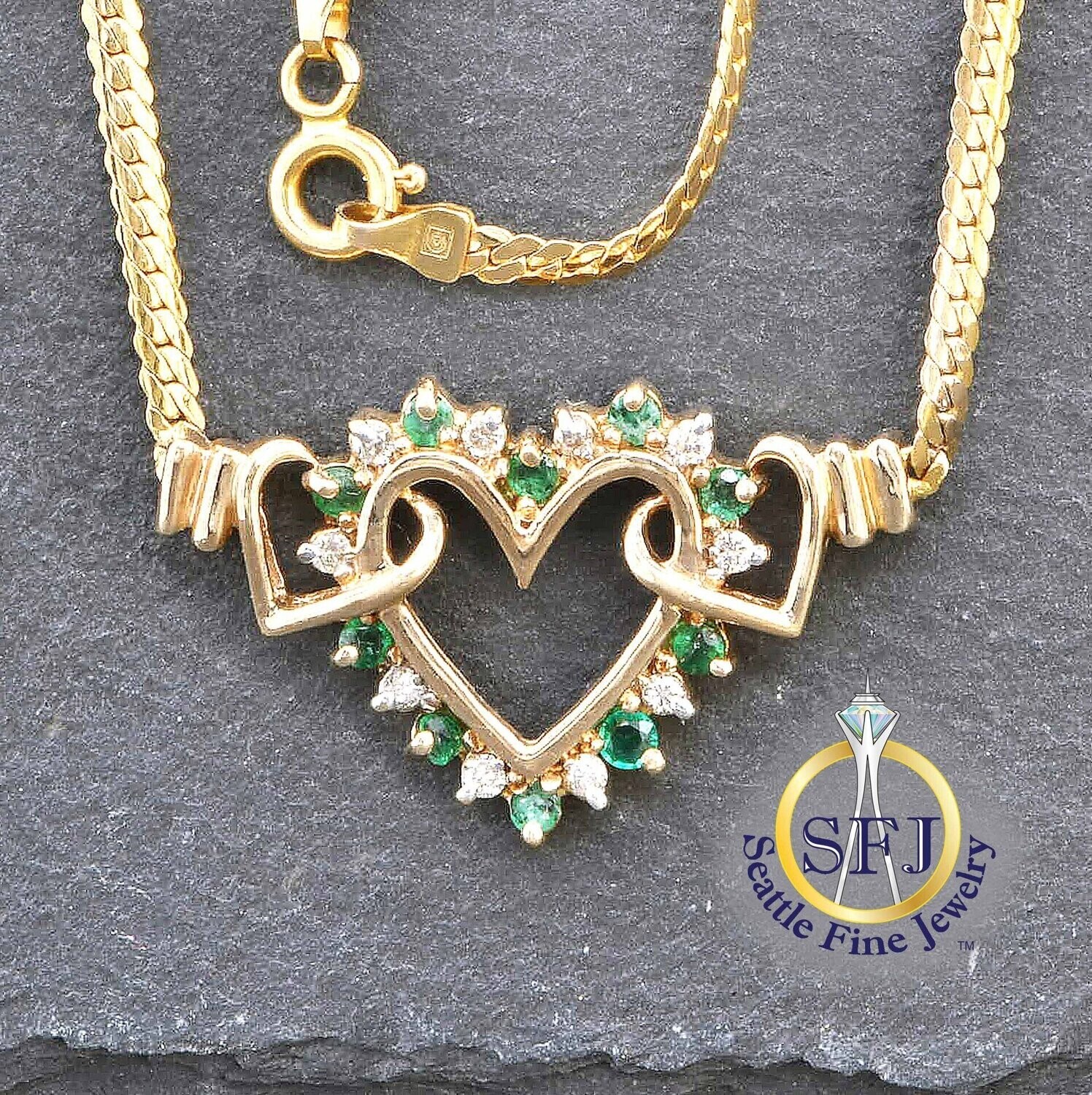 Natural Emerald And Diamond Heart Necklace w/ Herringbone Chain, Solid Yellow Gold