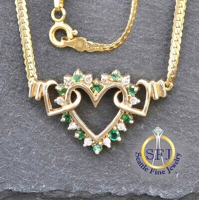 Natural Emerald And Diamond Heart Necklace w/ Herringbone Chain, Solid Yellow Gold