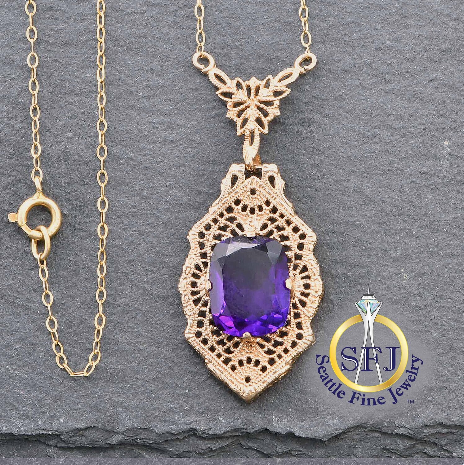 Amethyst Necklace, Ornate Filigree 18", Solid Yellow Gold