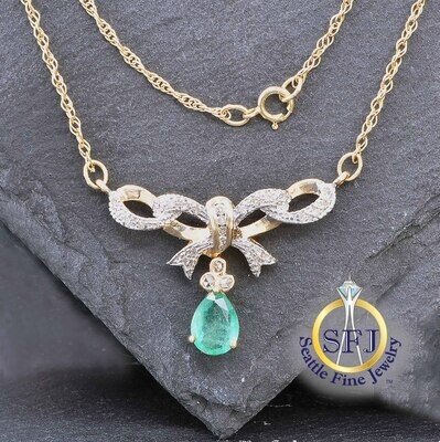 Pear Emerald and Pave Diamond Bow Necklace, Solid 14K Yellow Gold