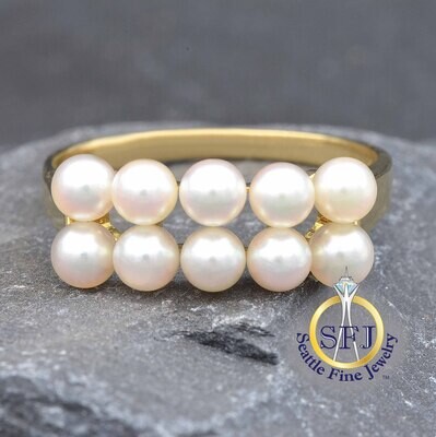 Mikimoto Pearl Row Ring, Solid 18K Yellow Gold