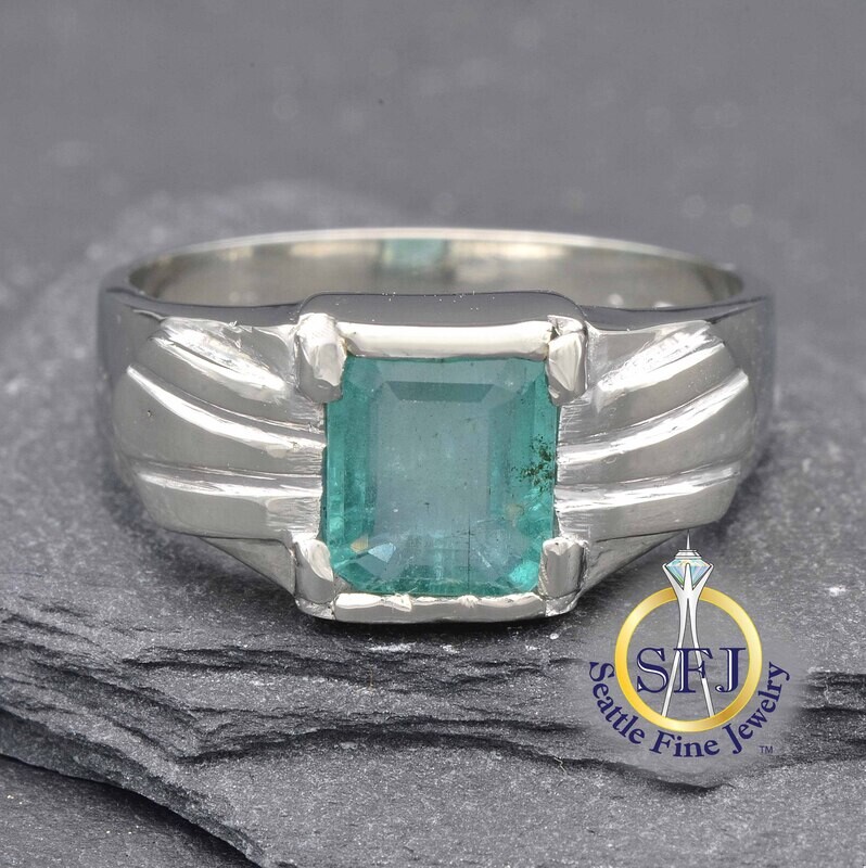 Antique Art Deco Emerald Solitaire Ring, 10K Solid White Gold