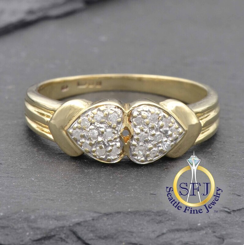 Diamond Double Heart Cluster Ring, 9K Solid Yellow Gold