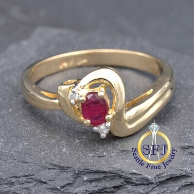 Ruby and Diamond Heart Ring 14K Solid Yellow Gold