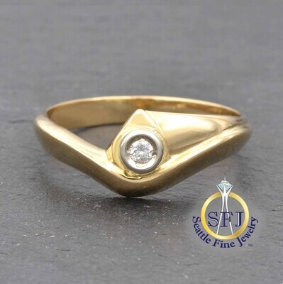 Custom Mid-century Diamond Solitaire Geometric Ring, Unique Asymmetrical 22K Solid Yellow Gold