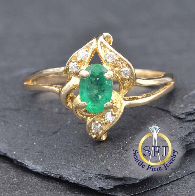 Emerald and Diamond Ring, Solid 14K Yellow Gold