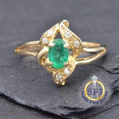 Emerald and Diamond Ring 14K Solid Yellow Gold