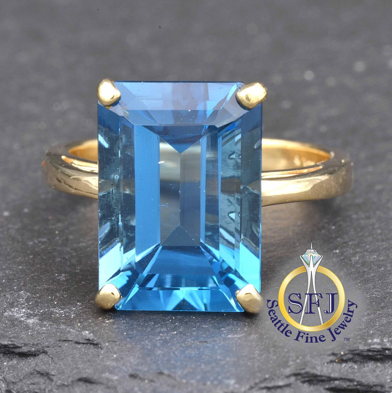 Blue Topaz Emerald-Cut Solitaire Ring, 14K Solid Yellow Gold