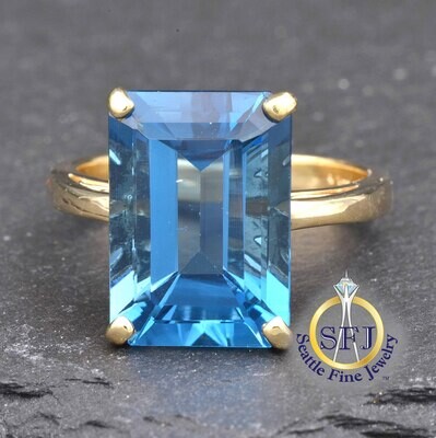 Large Blue Topaz Solitaire Ring Emerald-Cut, 14K Solid Yellow Gold