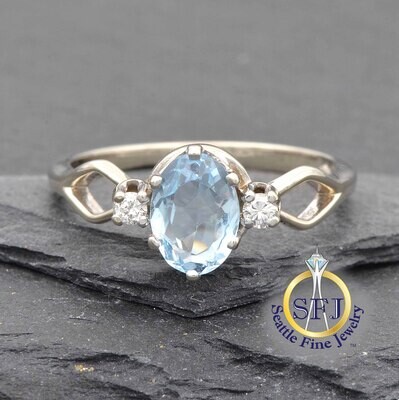 Aquamarine and Diamond Ring 14K Solid White Gold