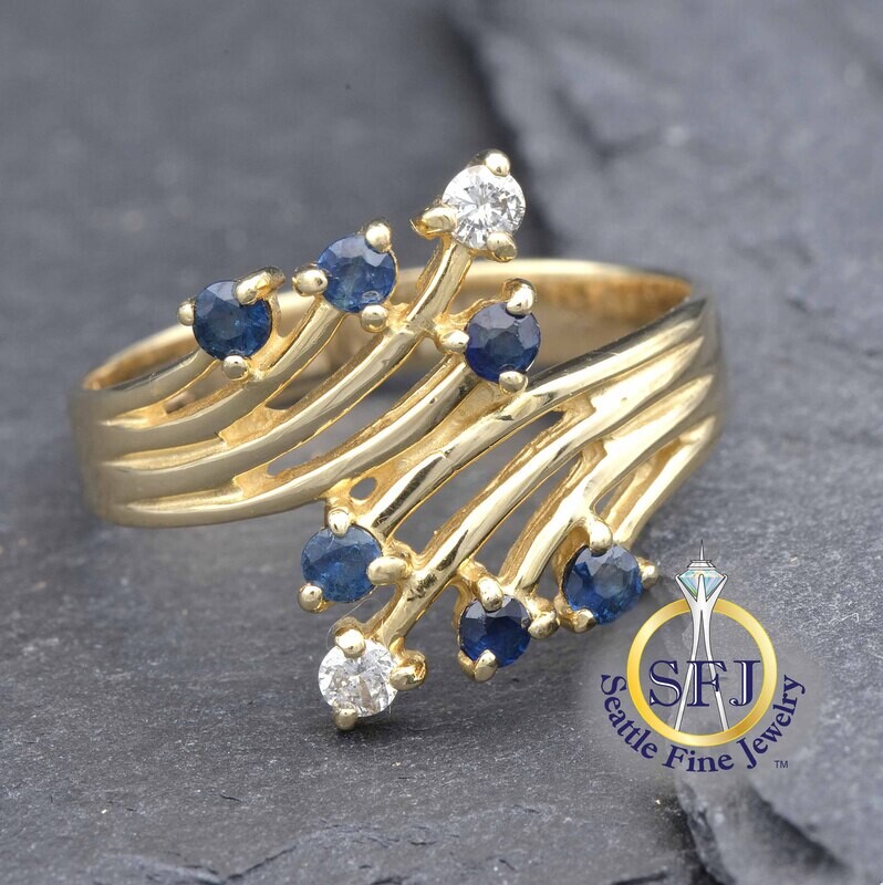 Sapphire and Diamond Comet-Tail Bypass Ring, 14K Solid Yellow Gold