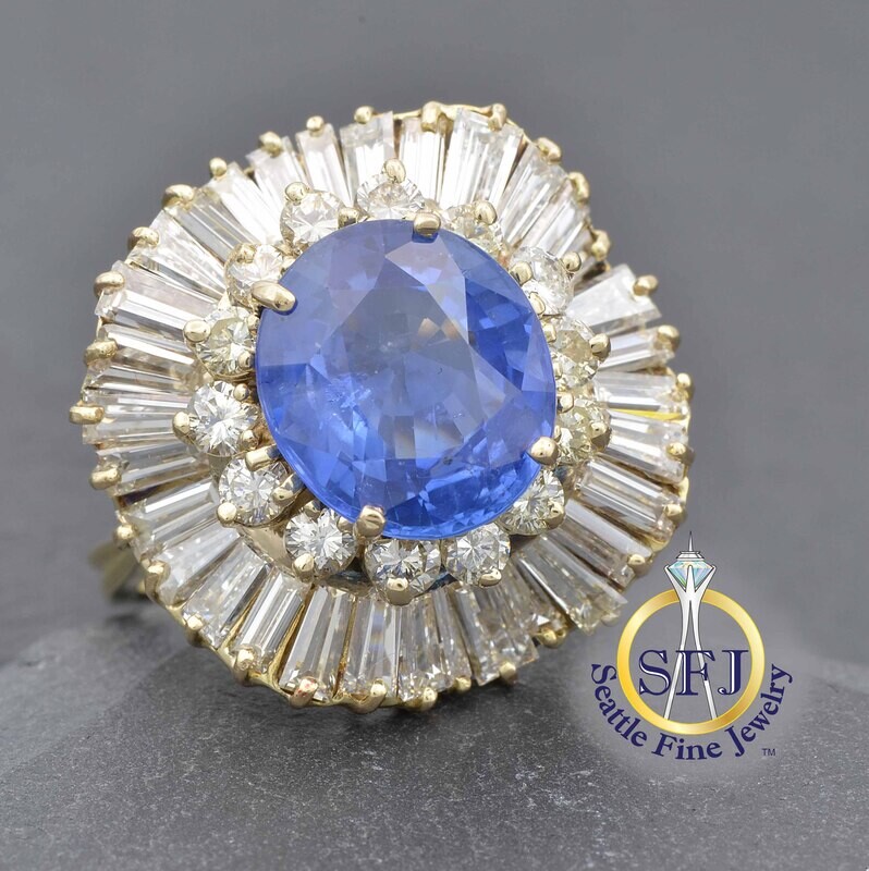Natural 5+ Carat Oval Sapphire with Baguette Cut and Round Cut Diamond Double-Halo Midcentury Ring, Solid 18K Yellow Gold
