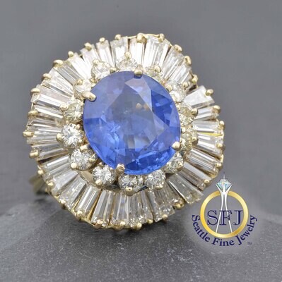 Five Carat Sapphire With Five Carats of Diamond Halo Ring, 18K Solid Yellow Gold