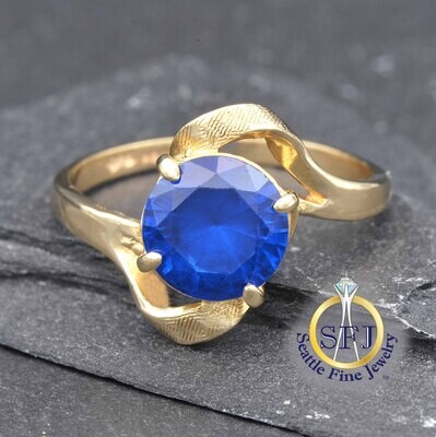 Blue Spinel Solitaire Ribbon Ring 14K Solid Yellow Gold