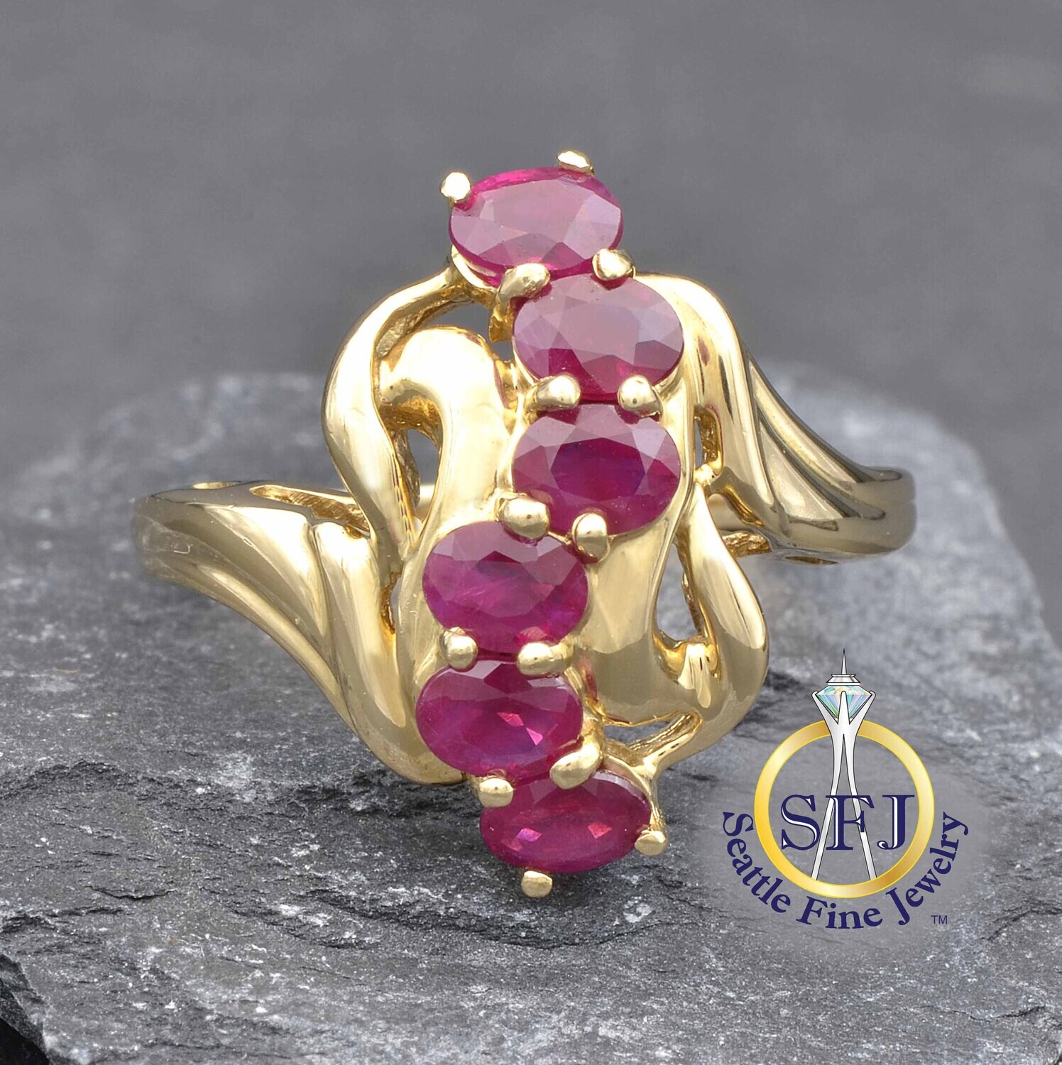 Ruby Filigree Row Ring, Solid 14K Yellow Gold