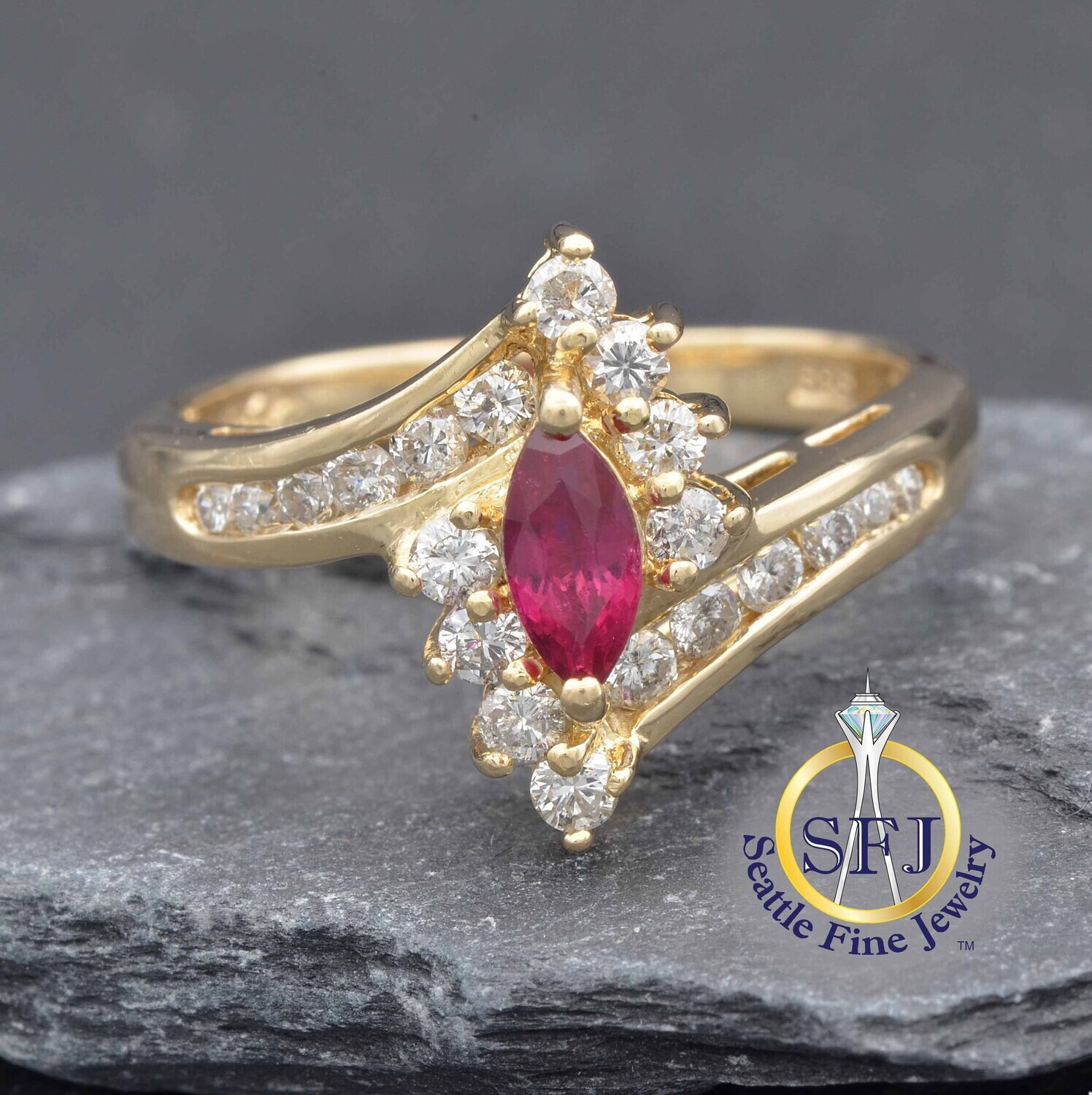 Marquise Ruby and Diamond  Bypass Ring, Solid 14K Yellow Gold