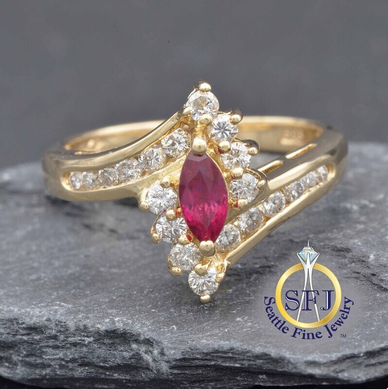 Marquise Ruby and Diamond  Bypass Ring, Solid 14K Yellow Gold
