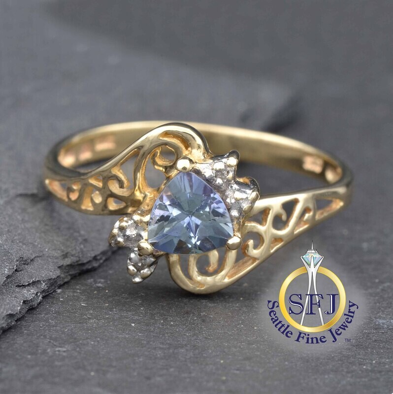 Multicolor Tanzanite and Diamond Ring, Solid 10K Yellow Gold