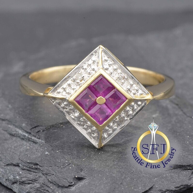 Ruby and Diamond Harlequin Cluster Ring, Solid 14K Yellow Gold