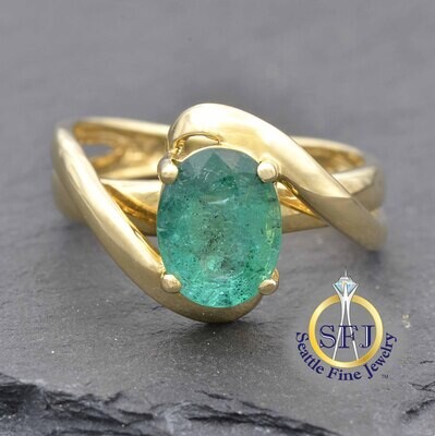 Emerald Solitaire Ring 14K Solid Yellow Gold