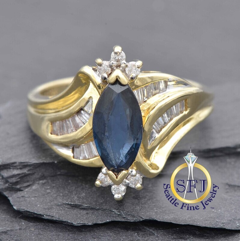 Marquise Sapphire and Diamond Ring, Solid 14K Yellow Gold
