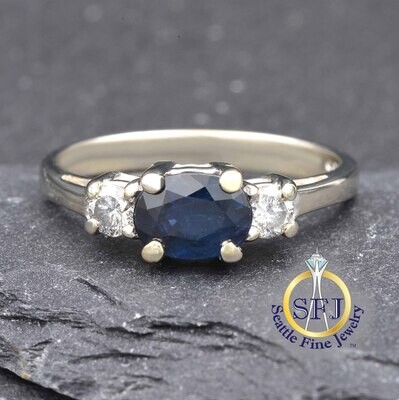 Sapphire and Diamond Ring 18K Solid White Gold