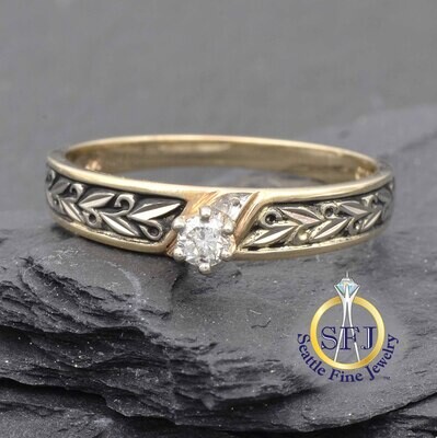 Floral Botanical Diamond Solitaire Ring with Leaf Detail, 14K Solid Yellow Gold