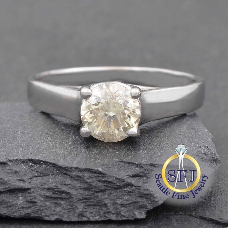 Champagne Diamond 1 Carat Approx. Solitaire Ring. Solid 14K White Gold