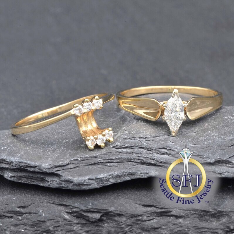 Marquise Diamond 2-Ring Set Wedding Ring, 14K Solid Yellow Gold