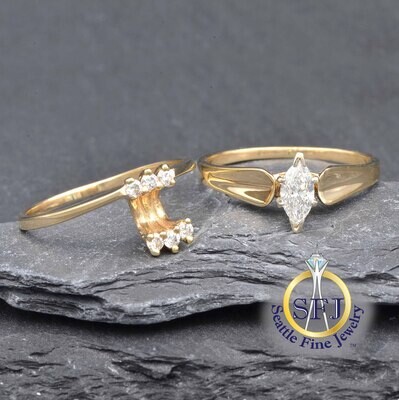 2-Ring Set Marquise Diamond Ring, 14K Solid Yellow Gold