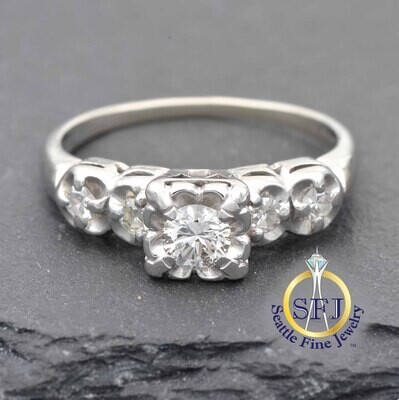 1940's - 1950's Diamond Engagement Ring Buttercup Setting, 14K Solid White Gold