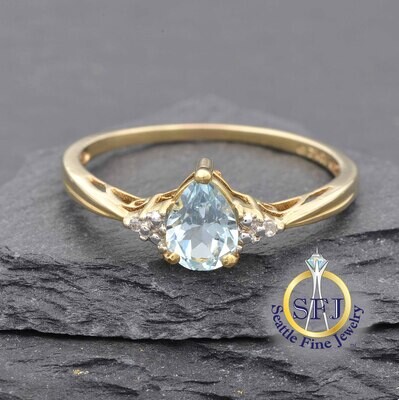 Pear Blue Topaz and Diamond Ring 10K Solid Yellow Gold