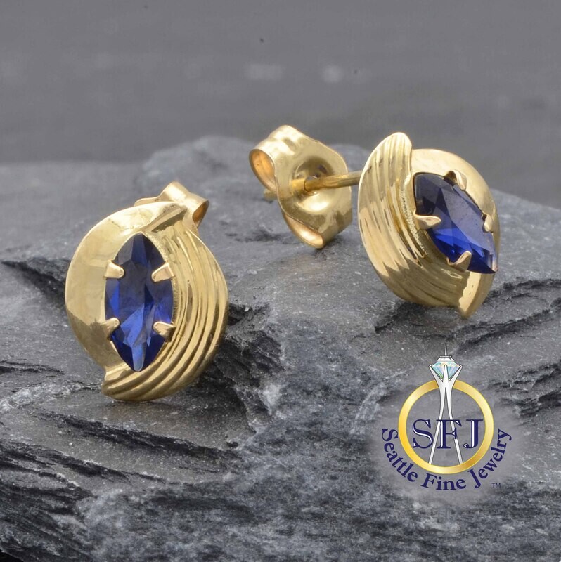 Marquise Sapphire Framed Stud Earrings, 14K Solid Yellow Gold